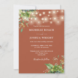 String Lights Greenery Terracotta QR Code Wedding Einladung