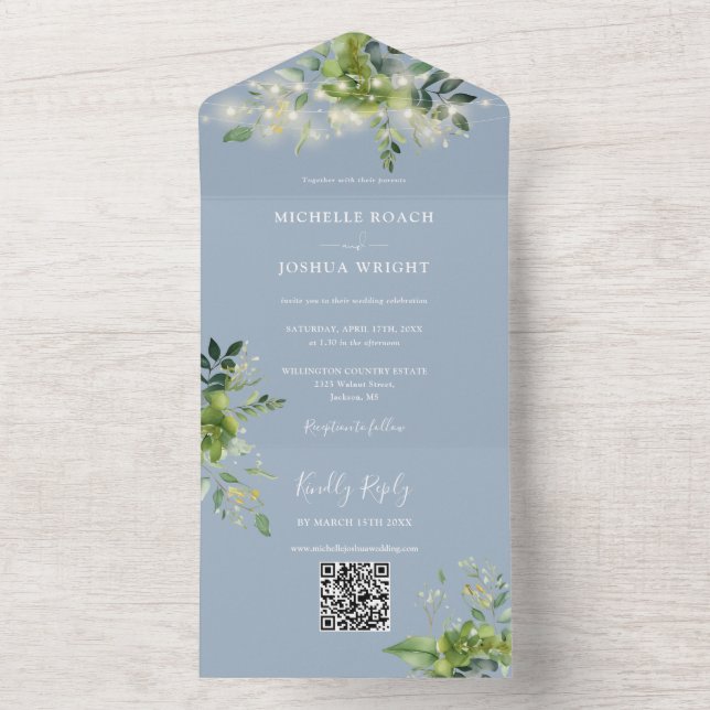 String Lights Grüne QR Code Dusty Blue Wedding All In One Einladung (Innen Boden)