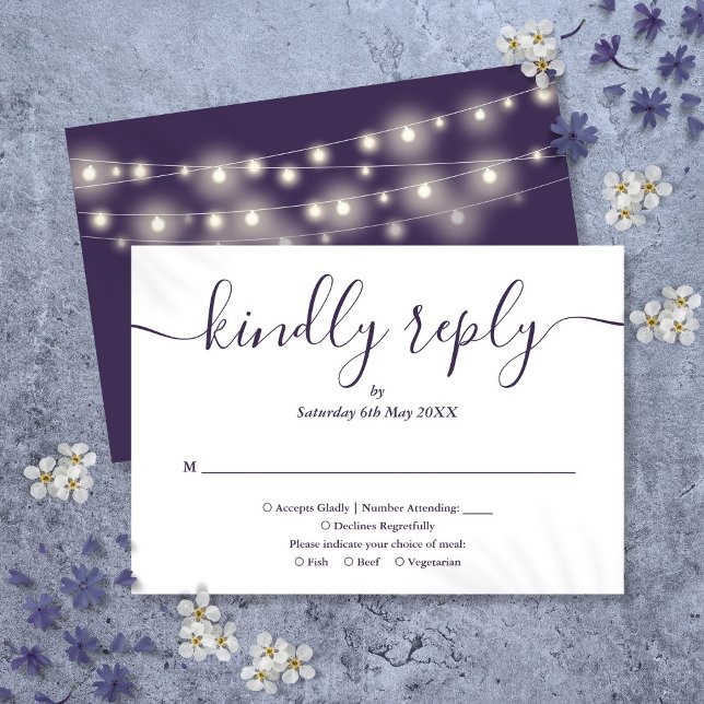 String Lights Lila Skriptwahl RSVP Karte (String Lights Purple Script Meal Choice RSVP Card)
