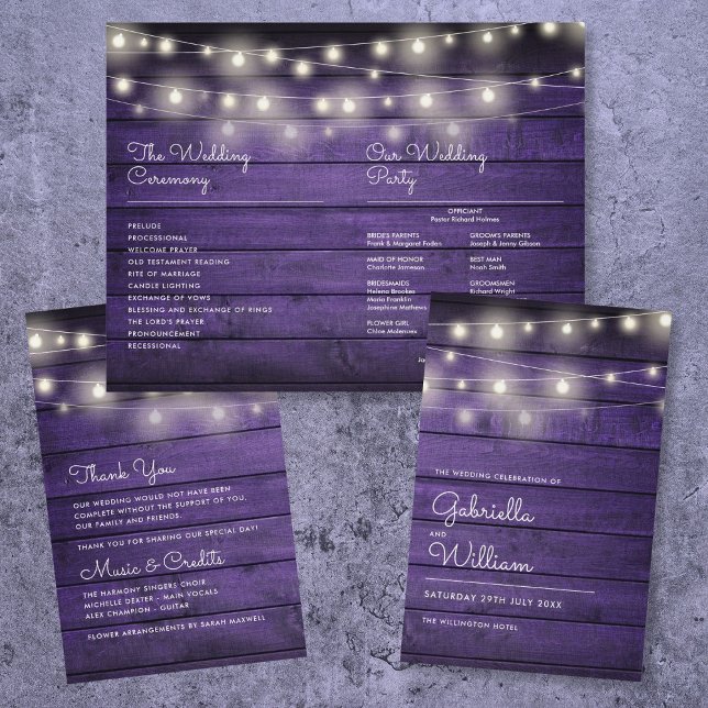 String Lights Lila Wood Wedding Program (String Lights Purple Wood Wedding Program)