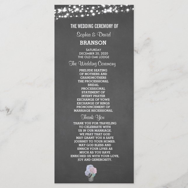 String Lights Mason Jar Chalkboard Wedding Program Programm (Vorderseite)