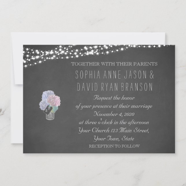 String Lights Mason Jar Chalkboard Wedite Einladung (Vorderseite)