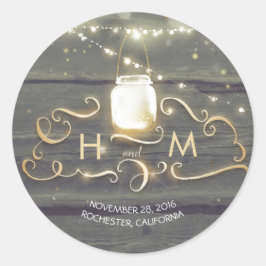 String Lights Mason Jar Rustic Wood Initials Runder Aufkleber
