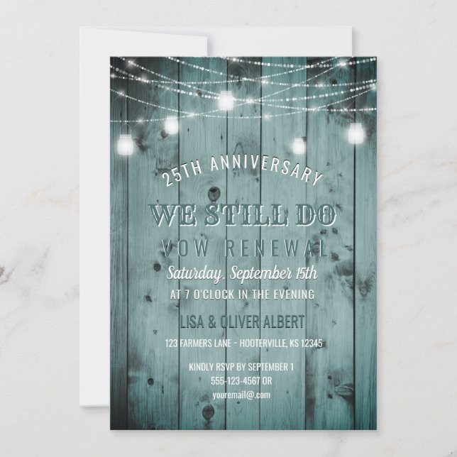 String Lights Mason Jar Rustic Wood Vow Erneuerung Einladung (Vorderseite)