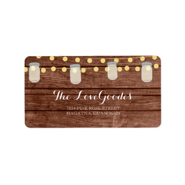 String Lights Mason Jar Wood Wedding Address Adressaufkleber (Vorne)