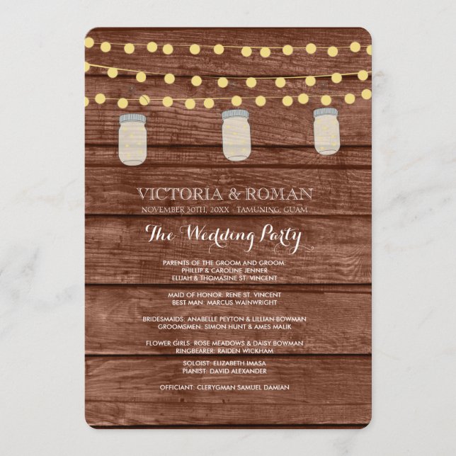 String Lights Mason Jar Wood Wedding Programs Programm (Vorderseite)