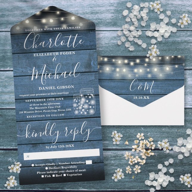 String Lights Mason Jars Blue Rustic Wood Wedding All In One Einladung (String Lights Mason Jars Blue Rustic Wood Wedding All In One Invitation)