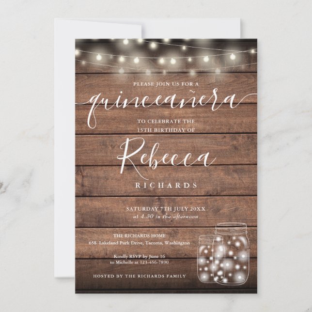 String Lights Mason Jars Script Quinceañera 15. Einladung (Vorderseite)