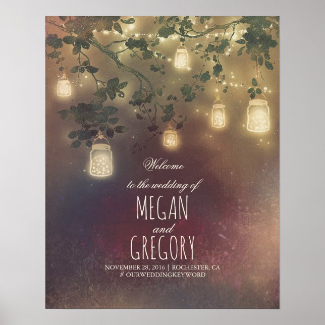 String Lights Mason Jars Wedding Welcome Sign Poster (Vorne)