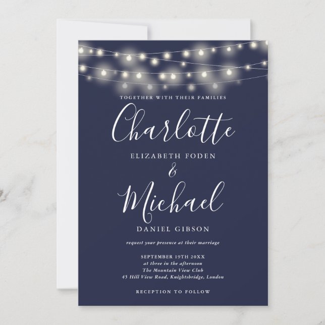 String Lights Navy Blue Elegant Script Hochzeit Einladung (Vorderseite)