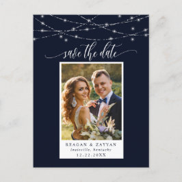 String Lights Navy Blue Foto Save the Date Ankündigungspostkarte