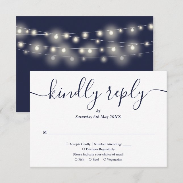 String Lights Navy Blue Script Auswahl RSVP Karte (Vorne/Hinten)