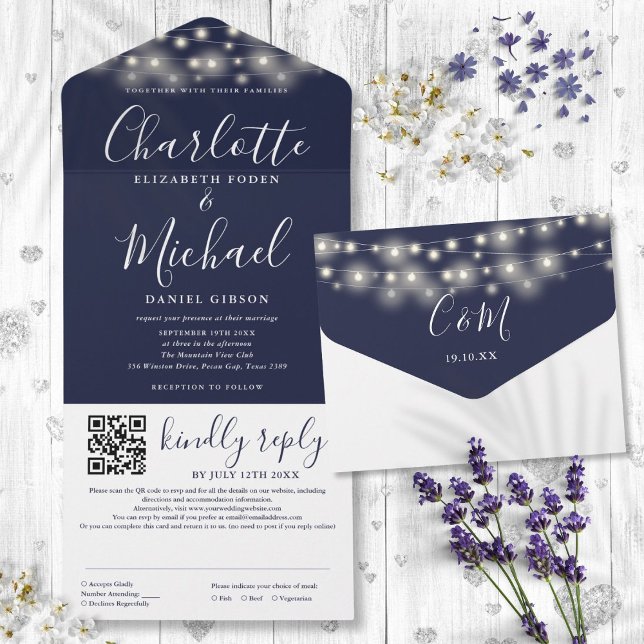 String Lights Navy Blue Script QR Code Hochzeit All In One Einladung (String Lights Navy Blue Script QR Code Wedding All In One Invitation)