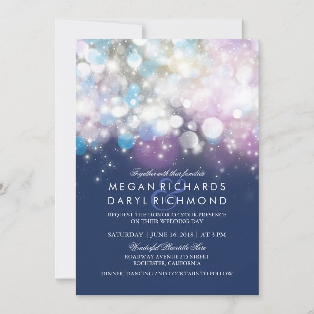 String Lights Navy Hochzeit Einladung (Vorderseite)