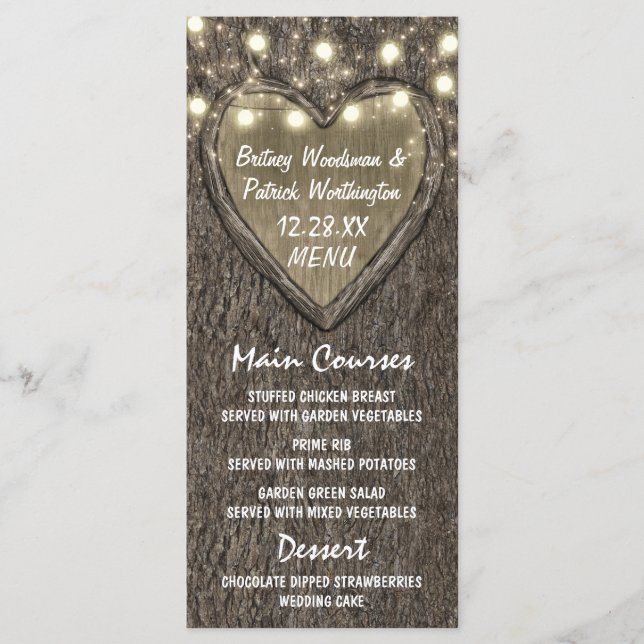 String Lights + Oak Tree Bark Wedding Menu Cards Menükarte (Vorderseite)