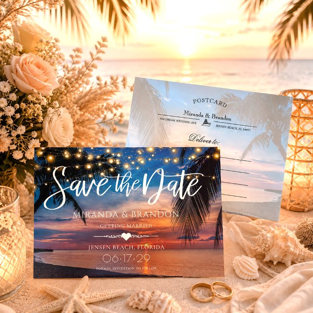 String Lights Palm Beach Hochzeit Save the Date Ankündigungspostkarte (Von Creator hochgeladen)