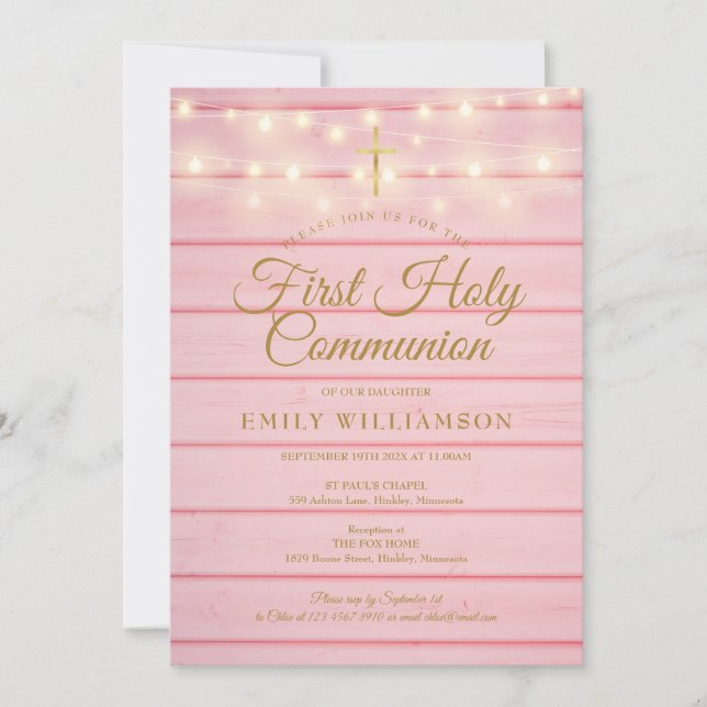 String Lights Pink Wood First Holy Communion Einladung (Vorderseite)