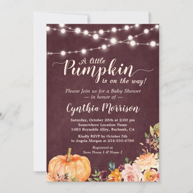 String Lights Pumpkin Baby Dusche Burgundy Floral Einladung (Vorderseite)