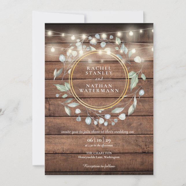 String Lights Rustic Barn Wood Greenerity Wedding Einladung (Vorderseite)