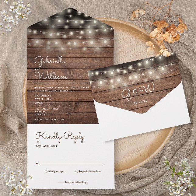 String Lights Rustic Barn Wood Monogram Wedding All In One Einladung (String Lights Rustic Barn Wood Monogram Wedding All In One Invitation)
