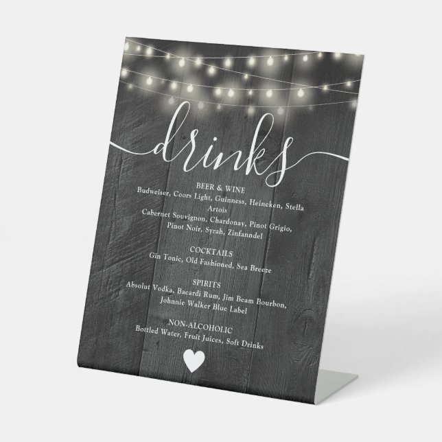 String Lights Rustic Black Barn Wood Drinks Menü Sockelschild (Vorderseite)