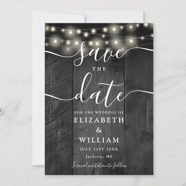 String Lights Rustic Black Wood Barn Boho Hochzeit Save The Date (Vorderseite)