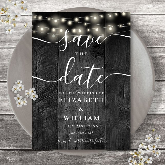 String Lights Rustic Black Wood Barn Boho Hochzeit Save The Date (Von Creator hochgeladen)