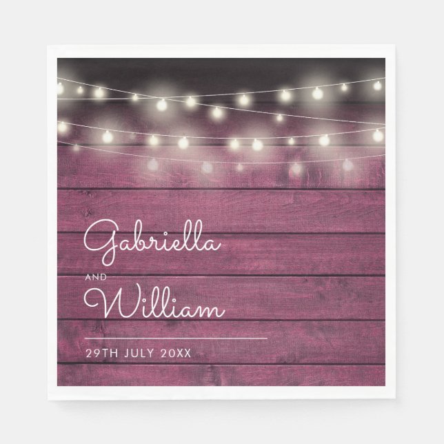 String Lights Rustic Burgundy Red Wood Script Serviette (Vorderseite)