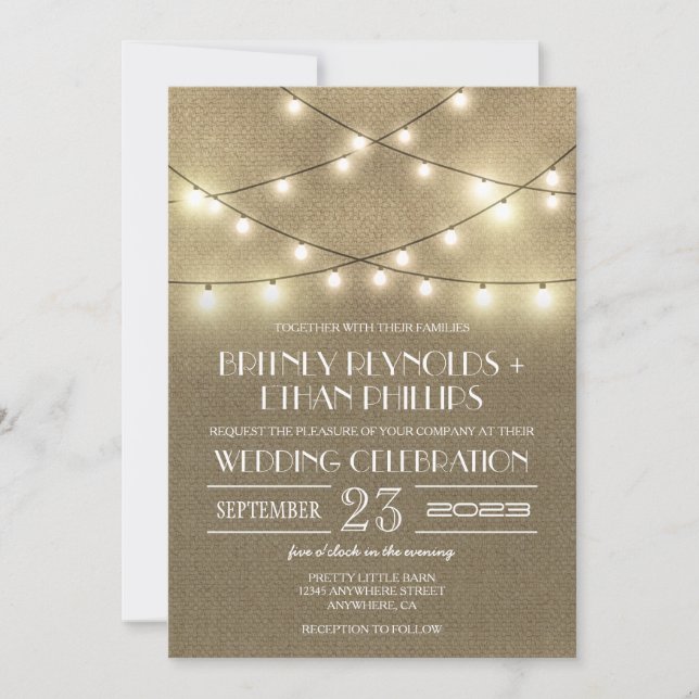 String Lights + Rustic Burlap Wedding Einladungen (Vorderseite)