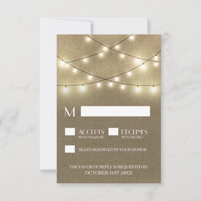 String Lights + Rustic Burlap Wedding RSVP Cards (Vorderseite)