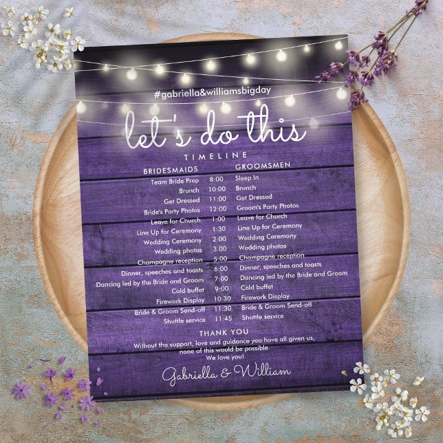 String Lights Rustic Lila Wood Wedeline Timeline (String Lights Rustic Purple Wood Wedding Timeline)