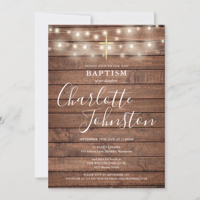String Lights Rustic Wood Baptisse Christening Einladung (Vorderseite)