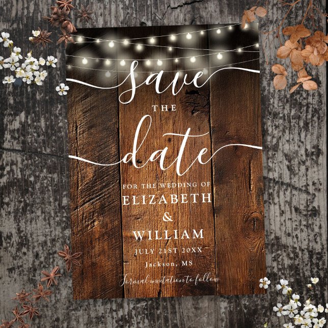 String Lights Rustic Wood Barn Boho Wedding Save The Date (String Lights Rustic Wood Barn Boho Wedding Save The Date)
