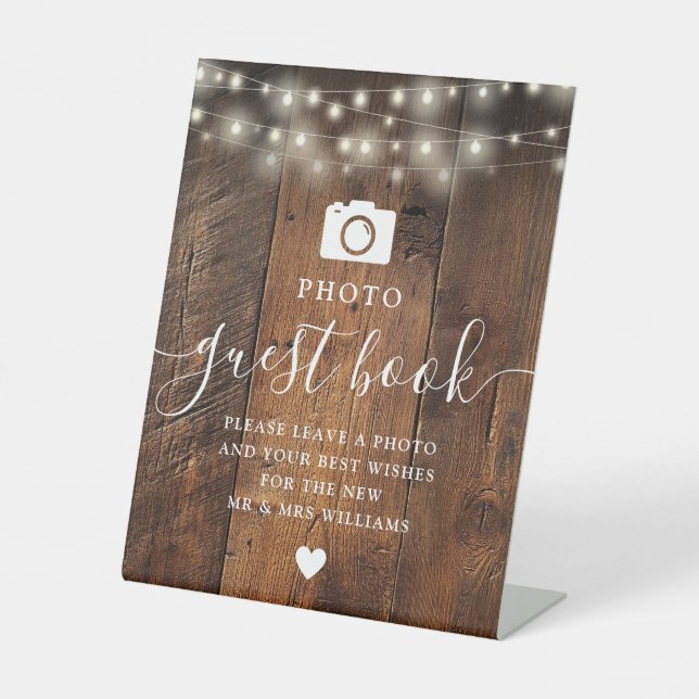 String Lights Rustic Wood Barn Foto Gästebuch Sockelschild (Vorderseite)