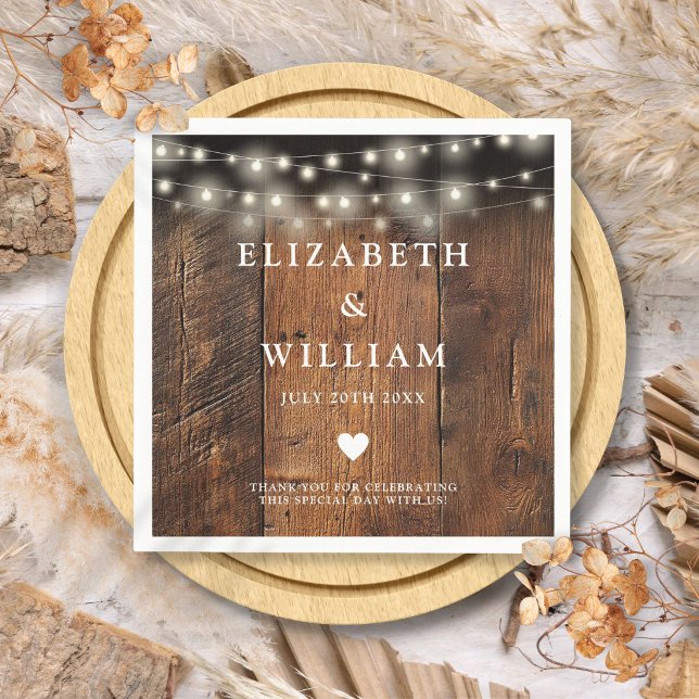 String Lights Rustic Wood Boho Barn Wedding Serviette (String Lights Rustic Wood Boho Barn Wedding Napkins)