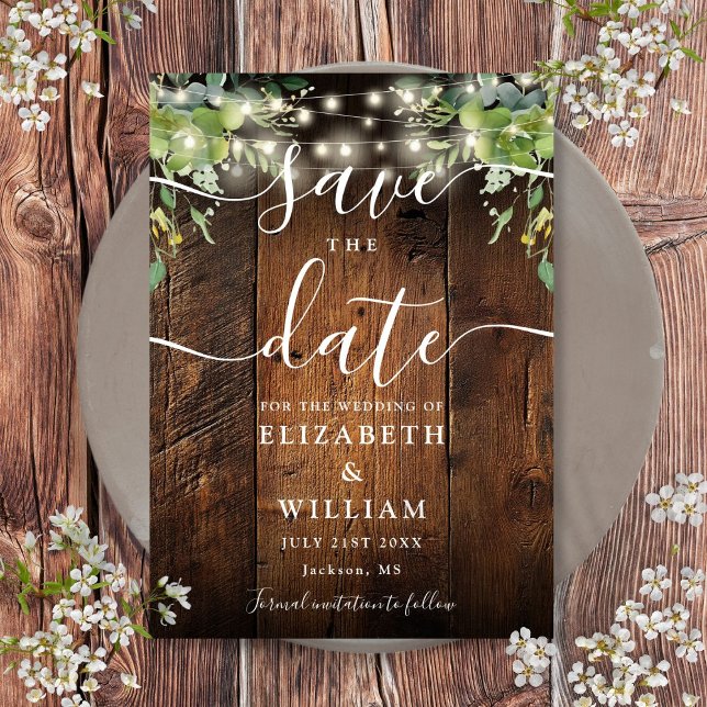 String Lights Rustic Wood Greenerity Wedding Save The Date (String Lights Rustic Wood Greenery Wedding Save The Date)