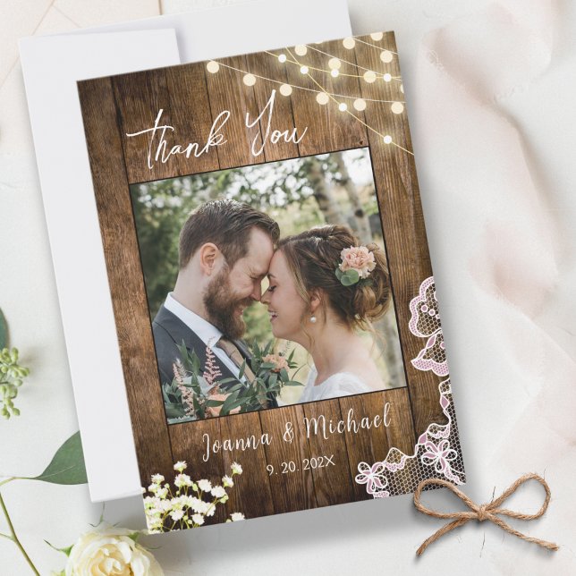 String Lights Rustic Wood & Lace Wedding Vielen Da Dankeskarte (Von Creator hochgeladen)