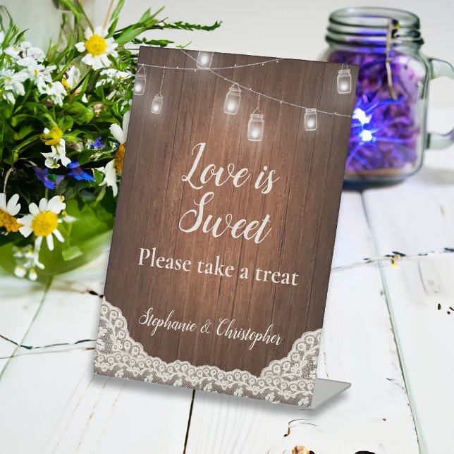 String Lights Rustic Wood Nehmen Sie eine Leckerei Sockelschild (vintage wedding table sign)