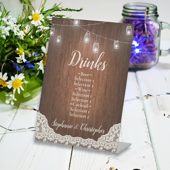 String Lights Rustic Wood Script Drinks Menü Sockelschild (vintage wedding drinks sign)