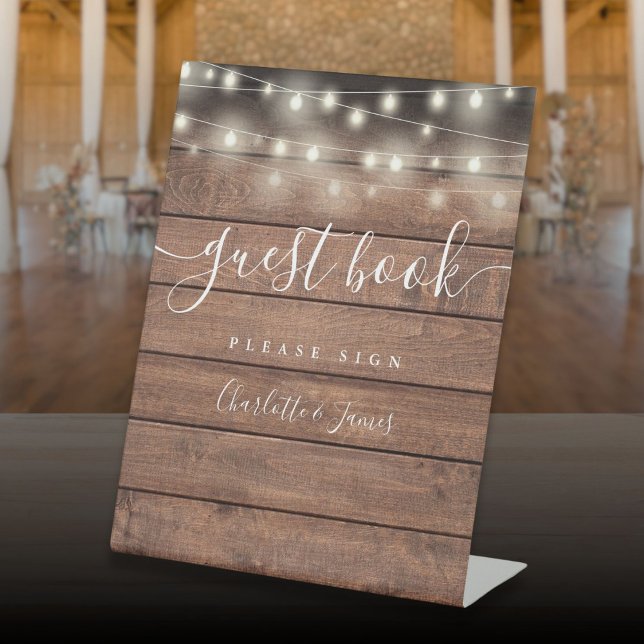 String Lights Rustic Wood Script Gästebuch Sockelschild (String Lights Rustic Wood Script Guest Book Pedestal Sign)