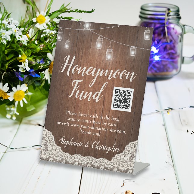String Lights Rustic Wood Script Honeymoon Fund Sockelschild (honeymoon fund sign)