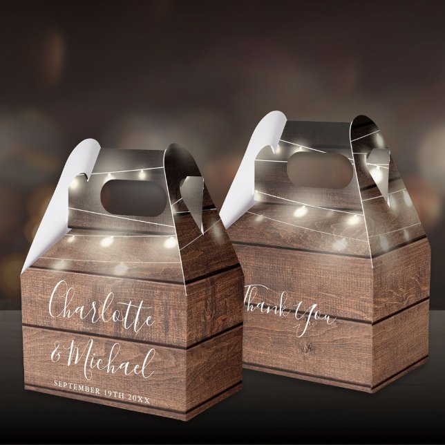 String Lights Rustic Wood Signature Script Hochzei Geschenkschachtel (String Lights Rustic Wood Signature Script Wedding Favor Boxes)