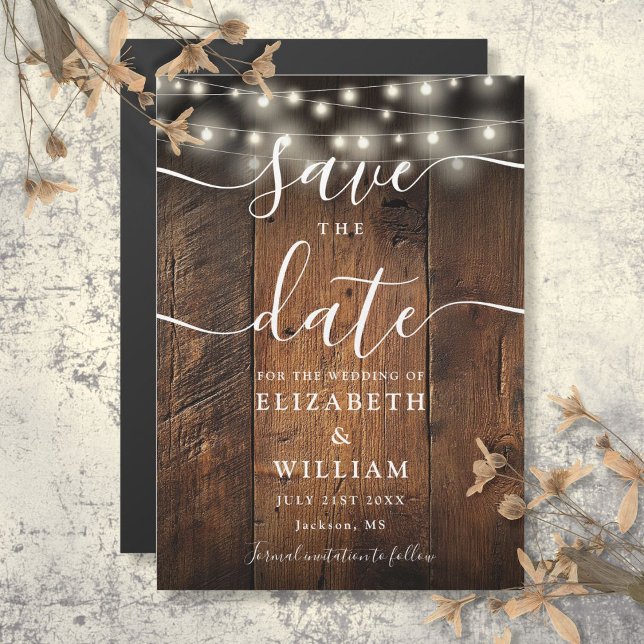 String Lights Rustic Wood Wedding speichern das Da Magneteinladung (String Lights Rustic Wood Wedding Save The Date Magnetic Invitation)