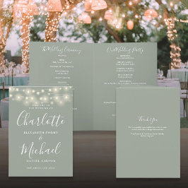 String Lights Sage Green Elegante Script Hochzeit Programm