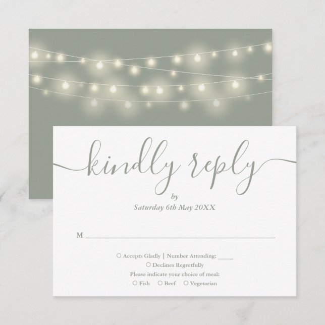 String Lights Sage Green Script Auswahl RSVP Karte (Vorne/Hinten)