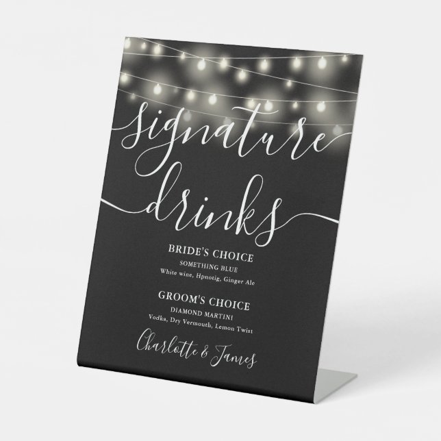 String Lights Schwarz-weiße Wedding Signature Drin Sockelschild (Vorderseite)