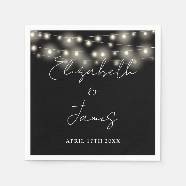 String Lights Script Black and White Wedding Serviette (Vorderseite)