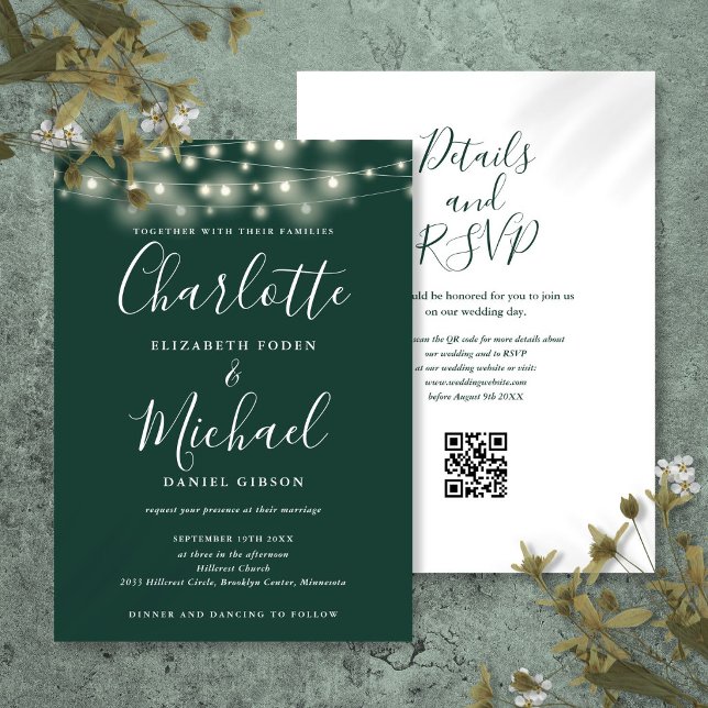 String Lights Script Smarald Green QR Code Wedding Einladung (String Lights Script Emerald Green QR Code Wedding Invitation
)