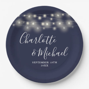 String Lights Signature Script Navy Blue Wedding Pappteller