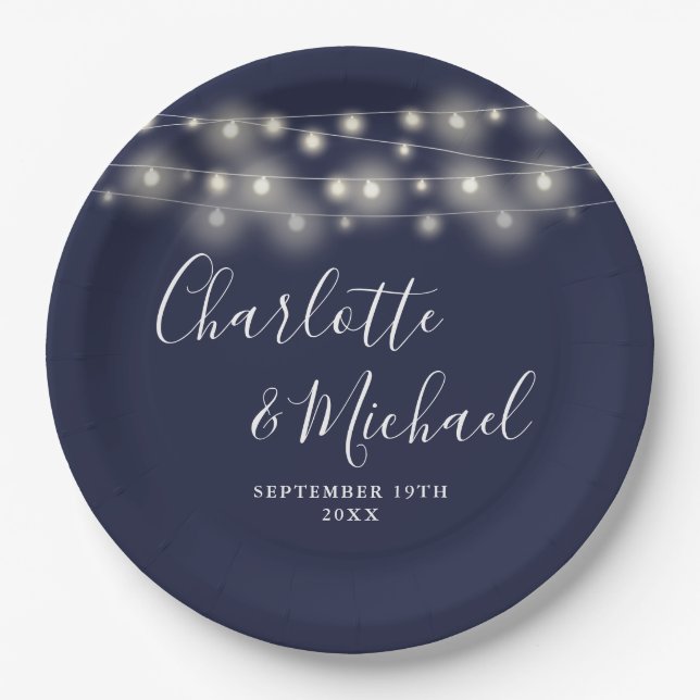 String Lights Signature Script Navy Blue Wedding Pappteller (Vorderseite)